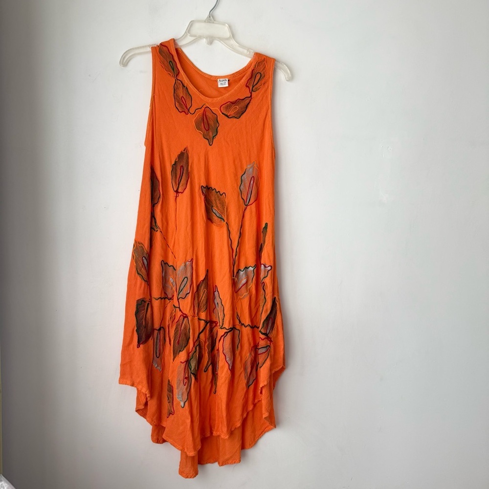Vintage Y2K 00s Highness Orange Embroidered Leaf Coverup Dress One Size